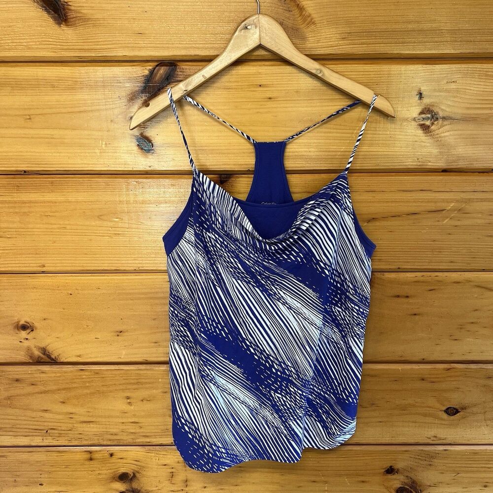 Calvin Klein Purple White Palm Print Cowl Neck Tank Lined Top Women's Size M